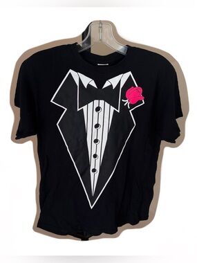 Black Graphic Tuxedo Tee with Pink Rose